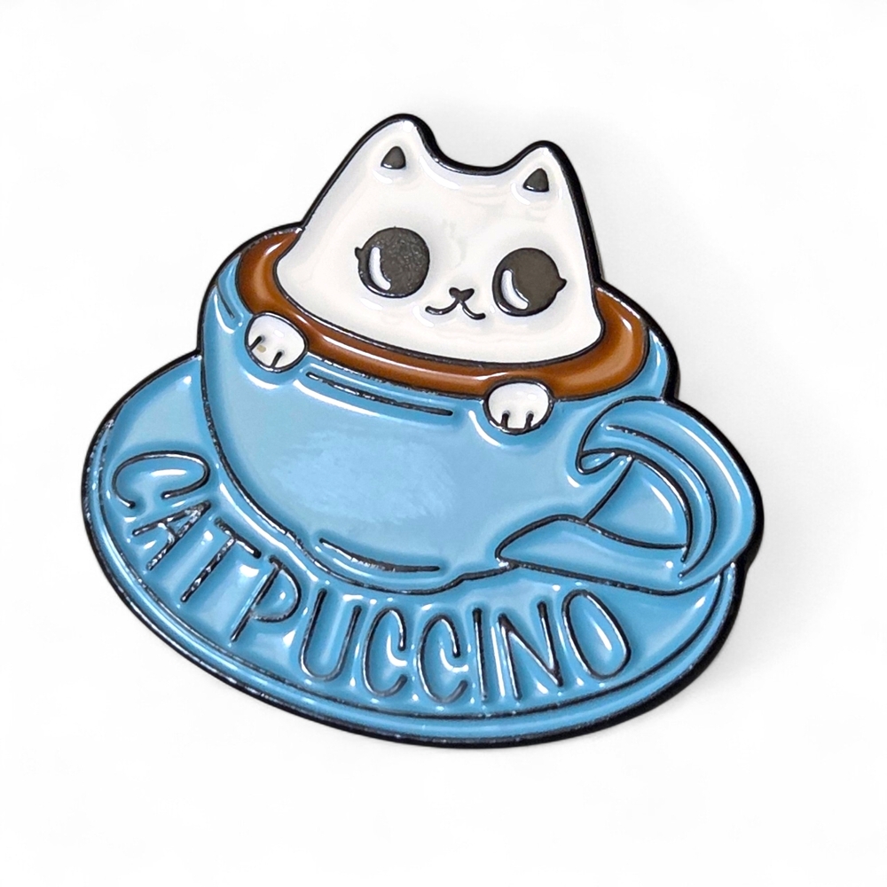Catpuccino Enamel Pin Blue Coffee Cup White Kitty Cat Lapel Pin NWOT
